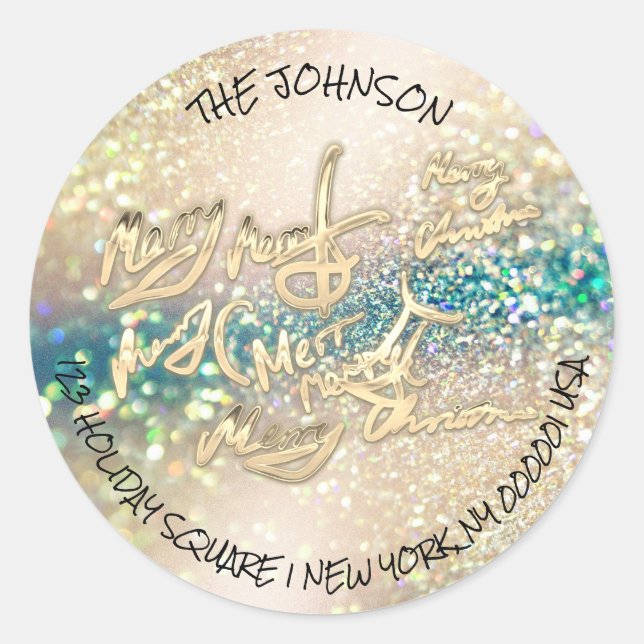 Adesivo Redondo Dourado Glitter Merry Christmas RSVP Endereço de d (Frente)
