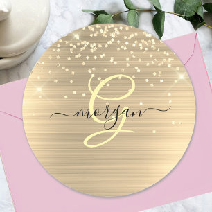 Adesivo Redondo Dourado Glitter & Monograma, Nome em Letra Preta