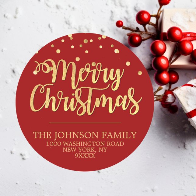 Adesivo Redondo DOURADO Glitter RED Confetti Feliz Endereço de Nat (RED Gold Glitter Confetti Merry Christmas Address Classic Round Sticker)