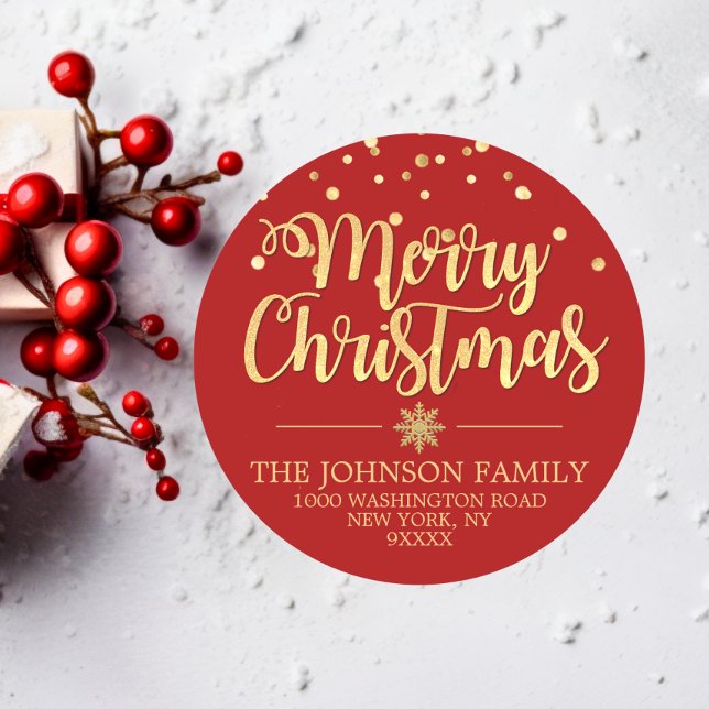 Adesivo Redondo DOURADO Glitter RED Confetti Feliz Endereço de Nat (RED Gold Glitter Confetti Merry Christmas Address Classic Round Sticker)