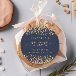 Adesivo Redondo Dourado Glitter Script Marinho Blue 30 Party Obrig