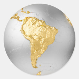 Adesivo Redondo Dourado, Globe Silver. América do Sul. Renderizaçã