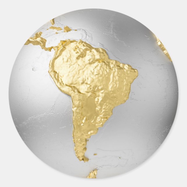 Adesivo Redondo Dourado, Globe Silver. América do Sul. Renderizaçã (Frente)