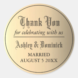 Adesivo Redondo Dourado Gótico Obrigado Favor do Casamento
