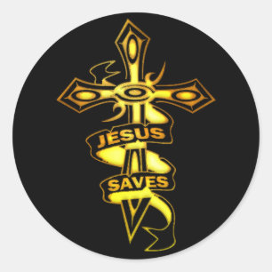 ADESIVO REDONDO DOURADO JESUS SAVES CROSS