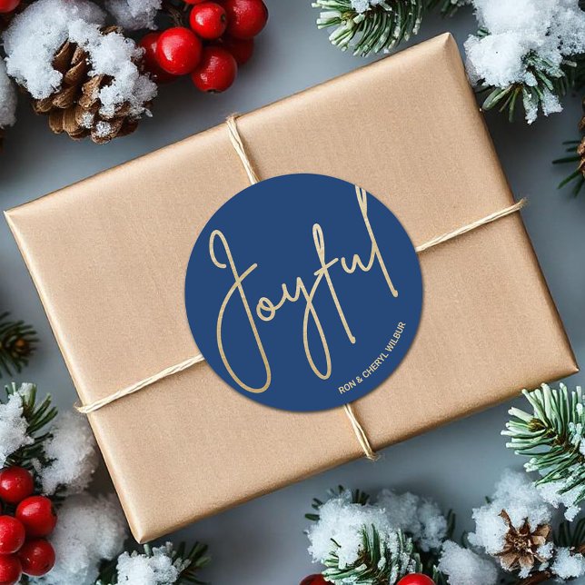 Adesivo Redondo Dourado JOYFUL no Natal Azul (JOYFUL in gold script on blue Christmas 3" Round Stickers)