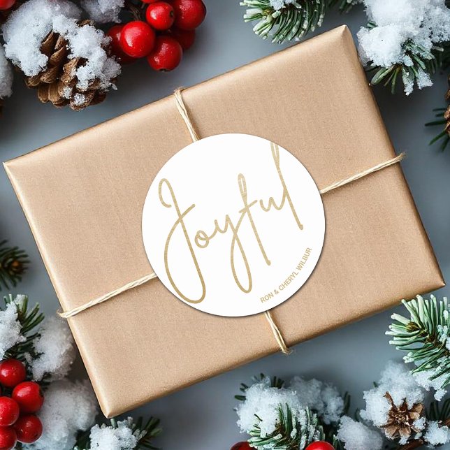 Adesivo Redondo Dourado JOYFUL no Natal Branco (JOYFUL in gold script on white Christmas 3" Round Stickers)