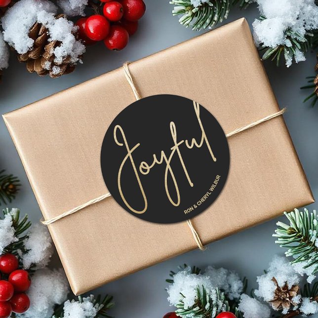 Adesivo Redondo Dourado JOYFUL no Natal Negro (JOYFUL in gold script on black Christmas 3" Round Stickers)