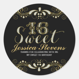 Adesivo Redondo Dourado & Lace Glitter Sweet 16