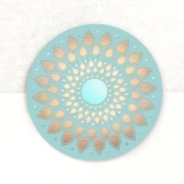 Adesivo Redondo Dourado Lotus Floral Mandala Azul Teal