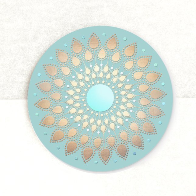 Adesivo Redondo Dourado Lotus Floral Mandala Azul Teal (Criador carregado)