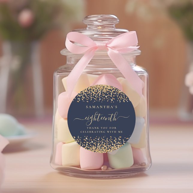 Adesivo Redondo Dourado Marinho de Script Glitter Blue 18th Party  (Criador carregado)