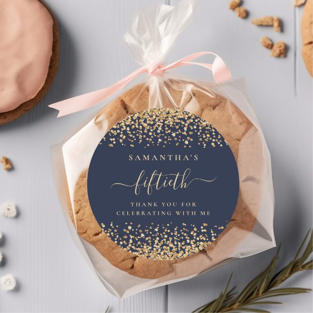 Adesivo Redondo Dourado Marinho de Script Glitter Blue 50th Party  (Criador carregado)