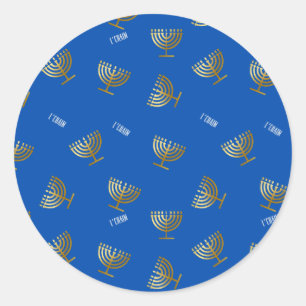 Adesivo Redondo Dourado Menorah e L'chaim Blue