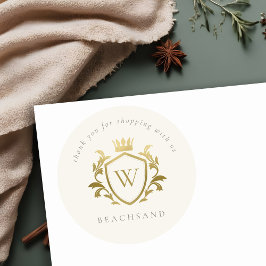 Adesivo Redondo Dourado Monograma Floral Crown Crest Order Obrigad