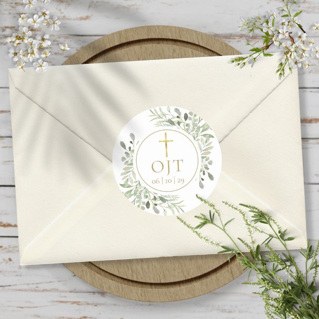 Adesivo Redondo Dourado Monograma Iniciais Greenery (Gold Cross Monogram Initials Greenery Classic Round Sticker)