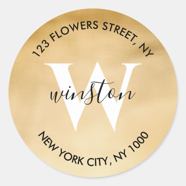 Adesivo Redondo Dourado Monograma Retorno Endereço Moderno Glitter (Frente)