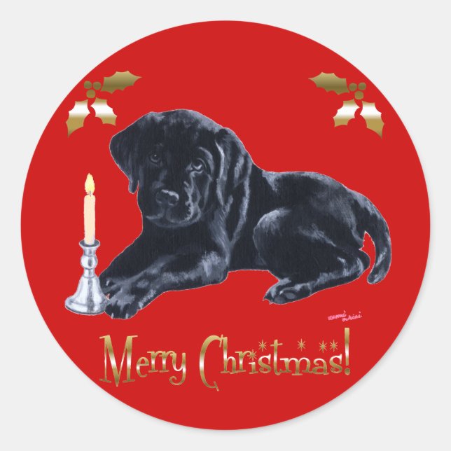 Adesivo Redondo Dourado Natal do Black Labrador Retriever (Frente)