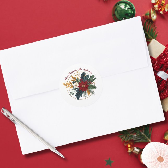 Adesivo Redondo Dourado Natal Floral Verde Personalizado (Red Green Gold Floral Botanical Personalized Christmas Holiday Stickers)