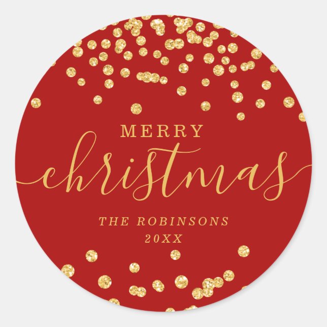 Adesivo Redondo Dourado Natal Glitter Confetti Vermelho (Frente)