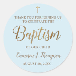 Adesivo Redondo Dourado nome azul moderno Menino Batismo