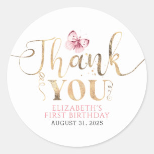 Adesivo Redondo Dourado Obrigado e borboleta rosa