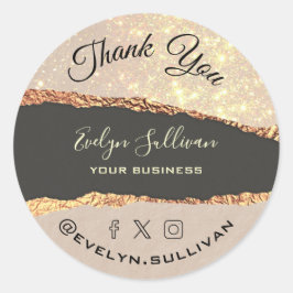 Adesivo Redondo Dourado papel no Shimmer Preto Obrigado