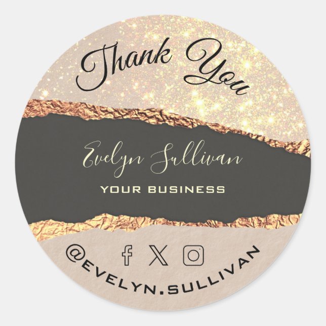 Adesivo Redondo Dourado papel no Shimmer Preto Obrigado (Frente)