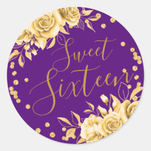 Adesivo Redondo Dourado Purple Sweet 16 Birthday Floral Glitter