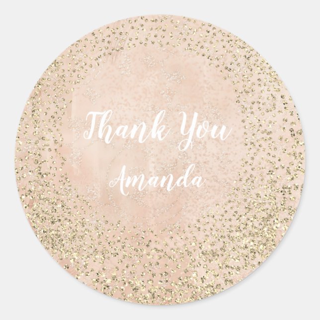 Adesivo Redondo Dourado Rosa Glitter Skinny Peach Lux Nome Obrigad (Frente)