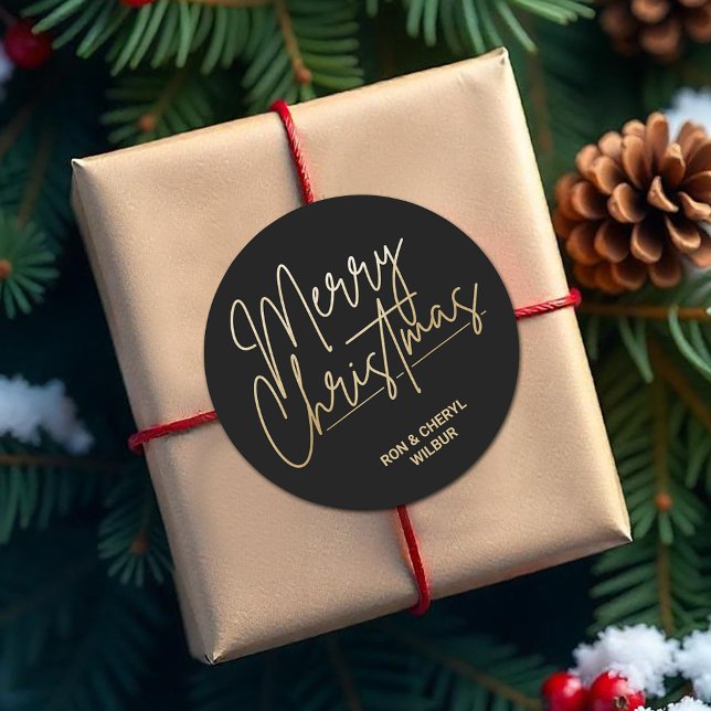 Adesivo Redondo Dourado roteiro Feliz Natal a Preto (Merry Christmas in gold script on black 3" round stickers)