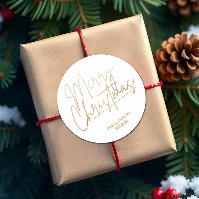 Adesivo Redondo Dourado roteiro Feliz Natal em Branco (Merry Christmas in gold script on White 3" Round Stickers)
