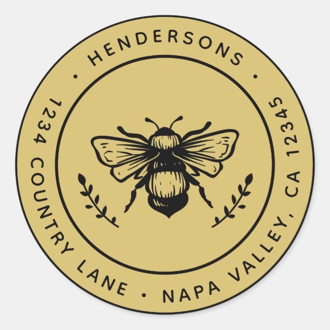 Adesivo Redondo Dourado Rustic Bumblebee Round Endereço de Retorno (Frente)
