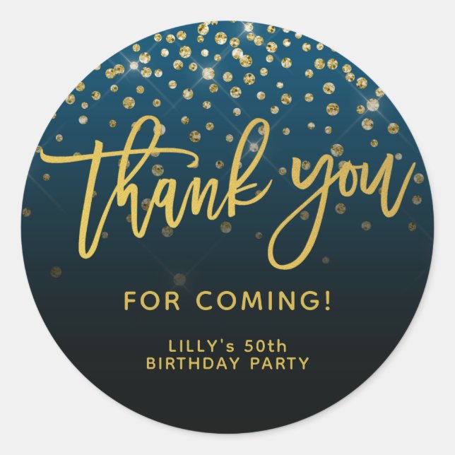 Adesivo Redondo Dourado Script Glitter Obrigado Por Vier Azul (Frente)