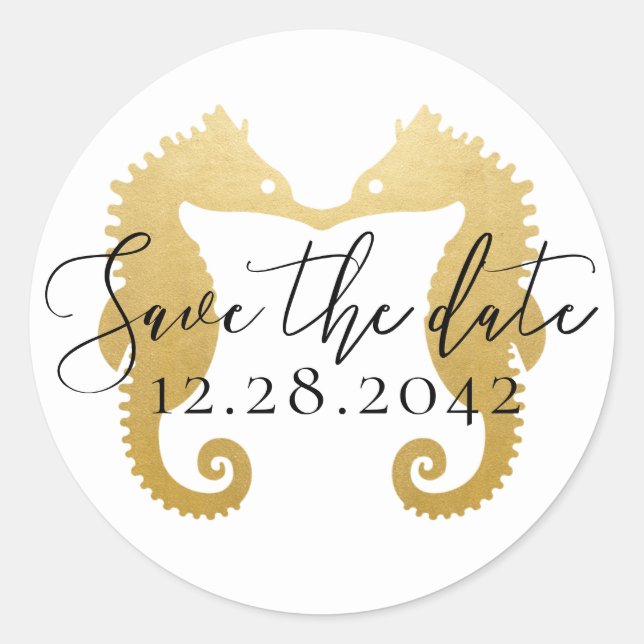 Adesivo Redondo Dourado Seacavalo Beijando Praia Casamento Salve a (Frente)