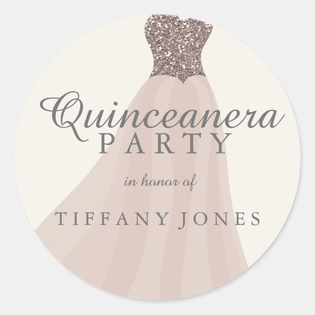 Adesivo Redondo Dourado Shimmer Glitter Gown Quinceanera (Frente)