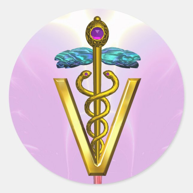 Adesivo Redondo DOURADO SÍMBOLO VETERINÁRIO CADUEUS Cor-de-rosa br (Frente)