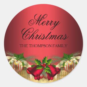 Adesivo Redondo Dourado Sino Vermelho e Vinheta de Natal Baubles