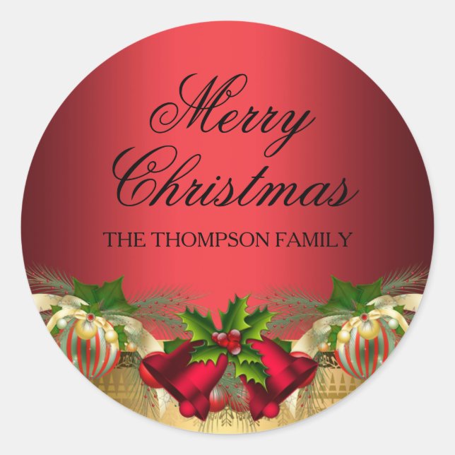 Adesivo Redondo Dourado Sino Vermelho e Vinheta de Natal Baubles (Frente)