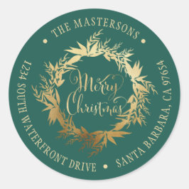 Adesivo Redondo Dourado Teal Merry Christmas Wreath Return Endereç