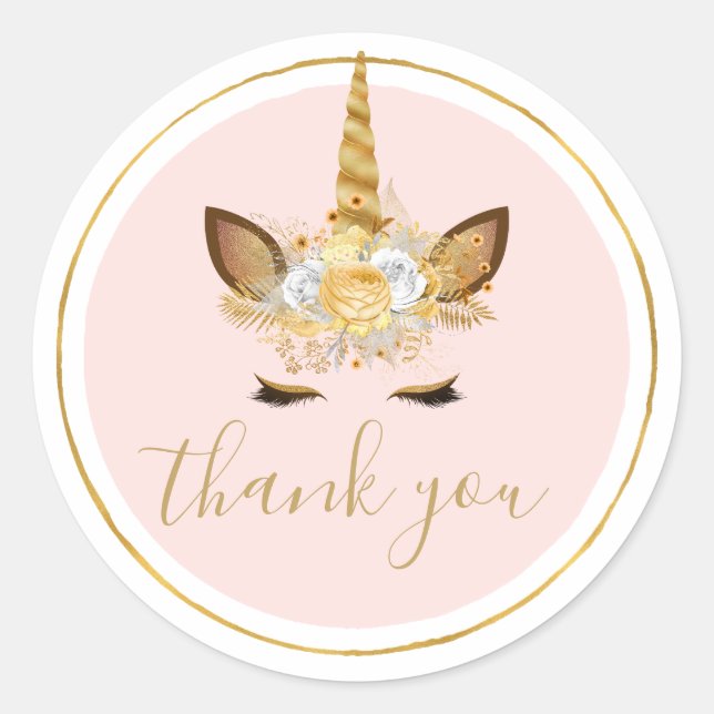 Adesivo Redondo Dourado Unicórnio Floral Obrigado (Frente)