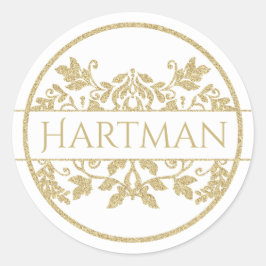 Adesivo Redondo Dourado Vine Floral Damasco Emblem Branco