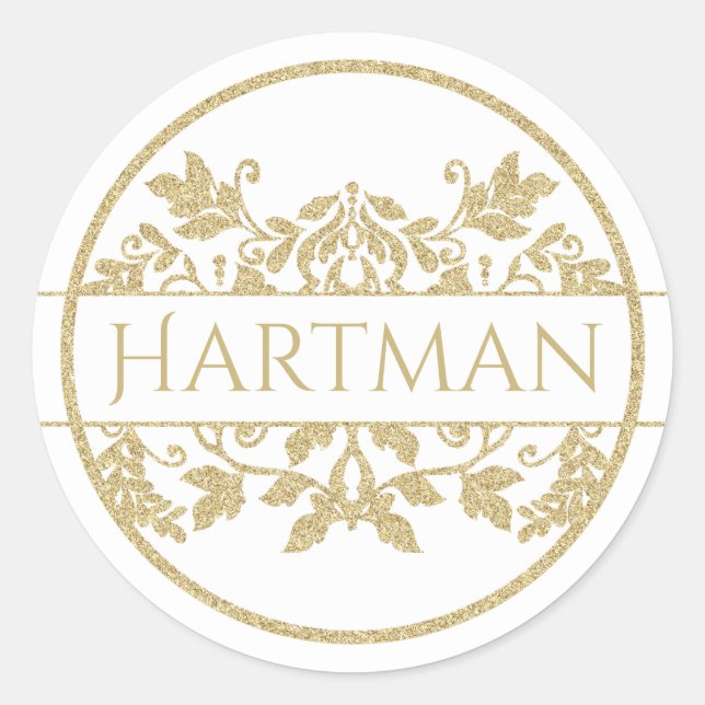 Adesivo Redondo Dourado Vine Floral Damasco Emblem Branco (Frente)