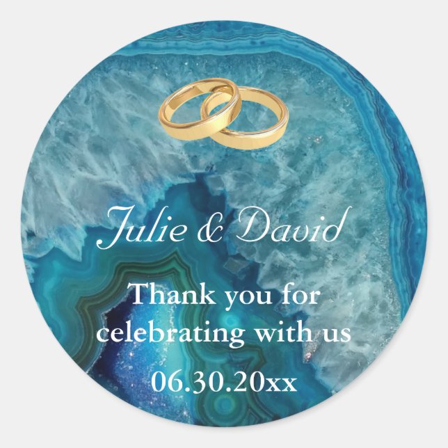 Adesivo Redondo Dourados Anéis de Casamento Obrigado na Agata Azul (Frente)