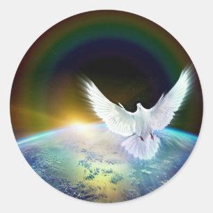 Adesivo Redondo Dove of Peace Santa Spirit sobre a Terra com Rainb