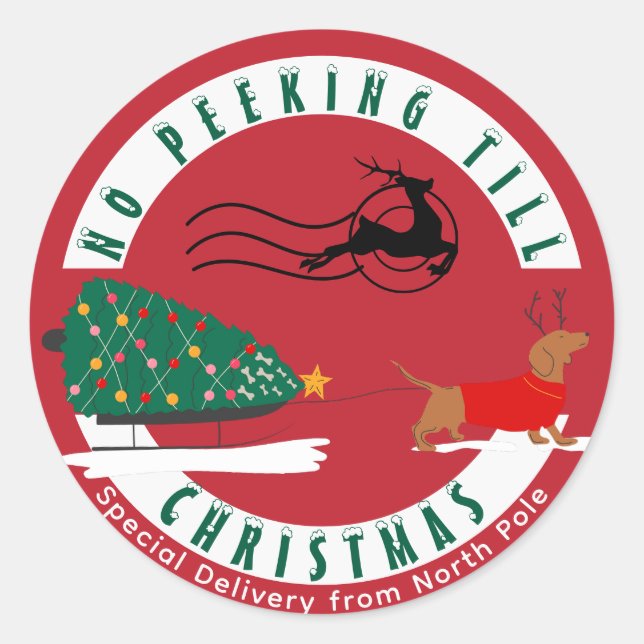 Adesivo Redondo Doxie Feliz e Bright Dachshund Natal (Frente)