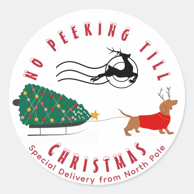 Adesivo Redondo Doxie Feliz e Bright Dachshund Natal (Frente)