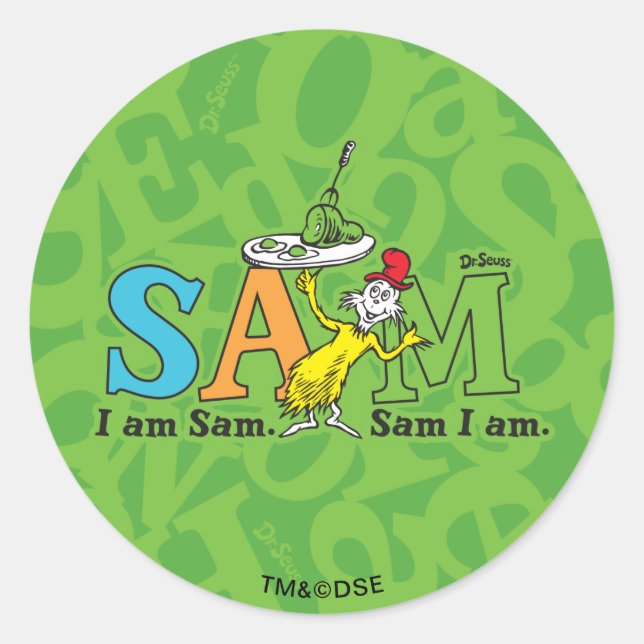 Adesivo Redondo Dr. Seuss Eu Sou Sam. Sam, Estou. (Frente)