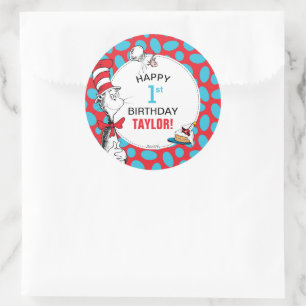 Adesivo Redondo Dr. Seuss Gato no Chapéu Aniversário