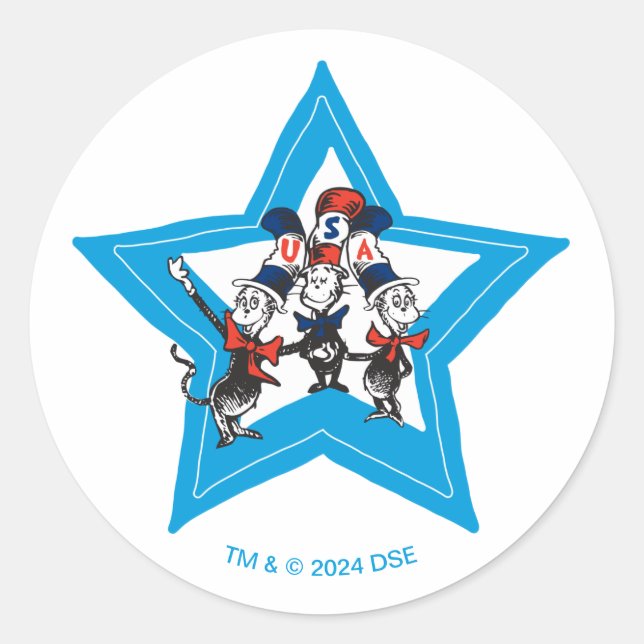 Adesivo Redondo Dr. Seuss | Gráfico Little Cats USA Hats (Frente)